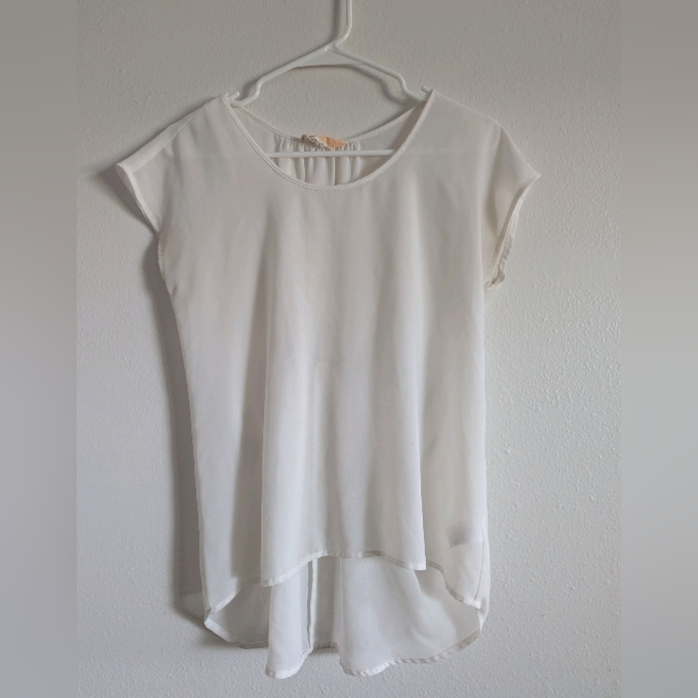 Lost April White Short Sleeve Women's Blouse Size Small Sheer Tie Back Office